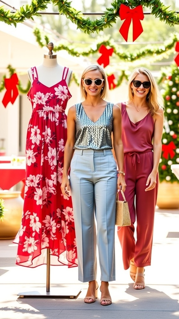 Stylish summer Christmas outfits including a floral dress, shorts with a festive top, and a jumpsuit in a sunny outdoor setting.